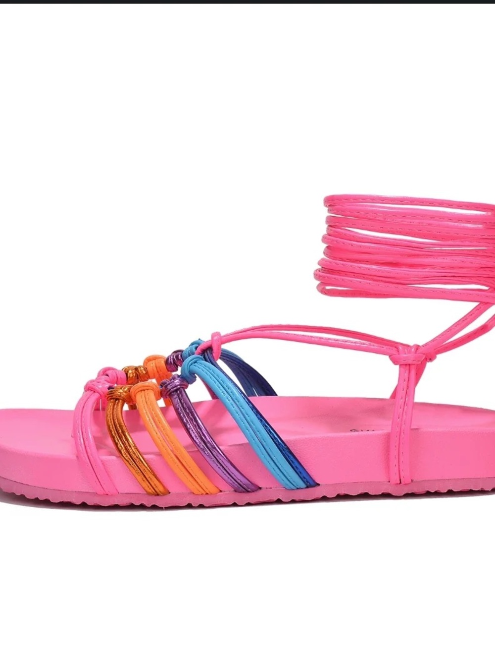 930. NIB Cape Robbin Neon Pink Multicolor Lace-Up Flat Sandals - Picture 2 of 9